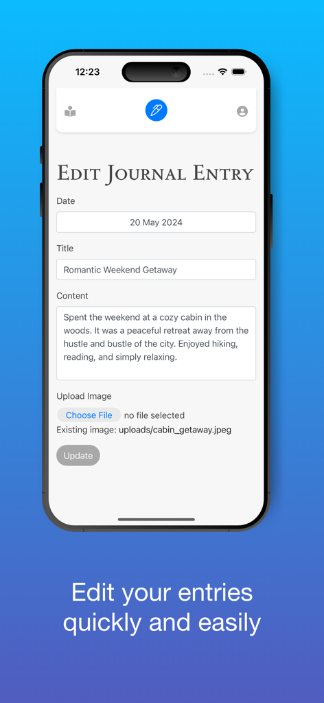 Personal Daily Diary Journal - An iPhone screenshot showing the edit journal entry screen of the Personal Daily Diary app with fields for date title and content