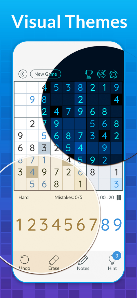 Sudoku-App-Oberfläche für Mobilgeräte, die mehrere visuelle Themen und Farbschemata zeigt