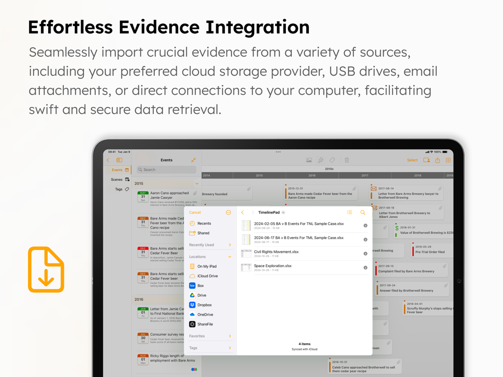 TimelinePad - Create Timelines - TimelinePad app on iPad showing evidence integration and file import from cloud storage providers