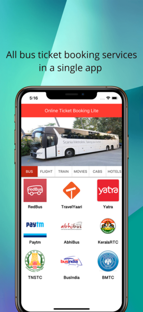 Online Ticket Booking Lite - RedBusやAbhiBusなどのさまざまなインドのバス予約サービスを表示するオンラインチケット予約Liteアプリのインターフェース。