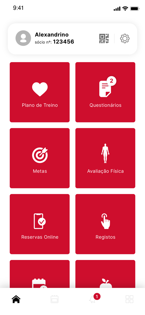 Focus Fitness - Focus Fitness app home screen showing a grid of features including training plans physical evaluation and online bookings