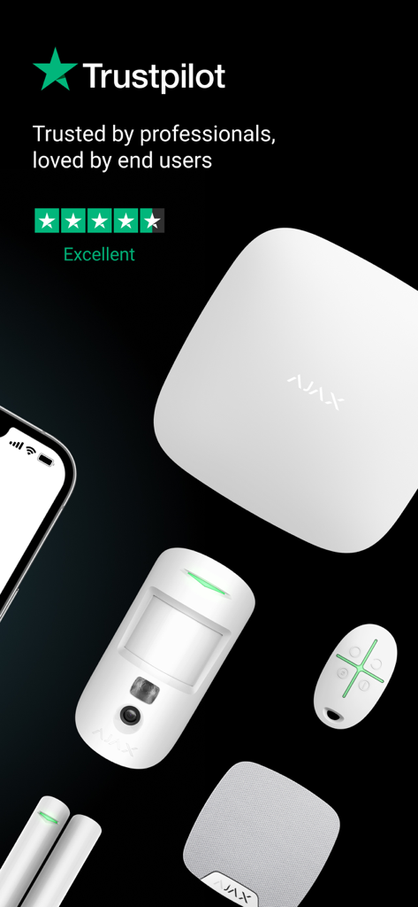 Ajax security system hardware with a Trustpilot Excellent rating