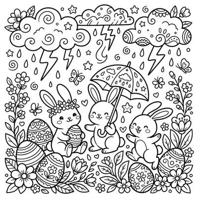 Dive into a uniquely charming Easter coloring experience, where fluffy bunnies playfully navigate a whimsical thunderstorm. This delightful page combines festive spring elements with a touch of stormy magic, perfect for creative minds.
