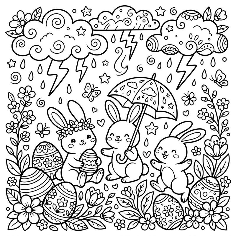 Dive into a uniquely charming Easter coloring experience, where fluffy bunnies playfully navigate a whimsical thunderstorm. This delightful page combines festive spring elements with a touch of stormy magic, perfect for creative minds.