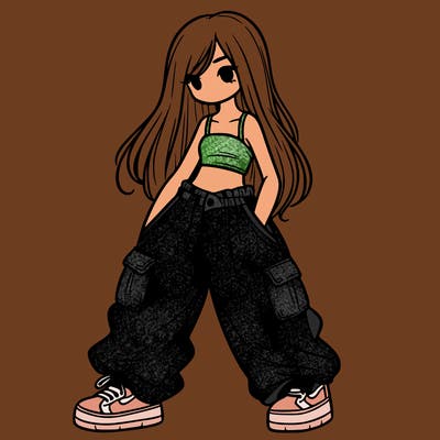 girl in baggy pants, crop top, and long hair