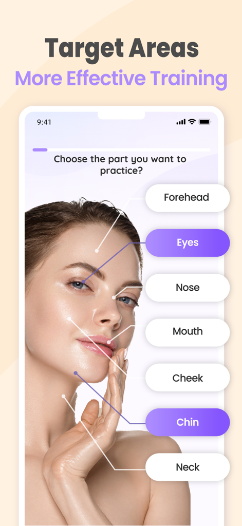 FaceYogi - Face Yoga, Massage - FaceYogiアプリのインターフェースで、額、目、顎などのターゲットエリアがパーソナライズされたエクササイズのために表示されているスクリーンショット。