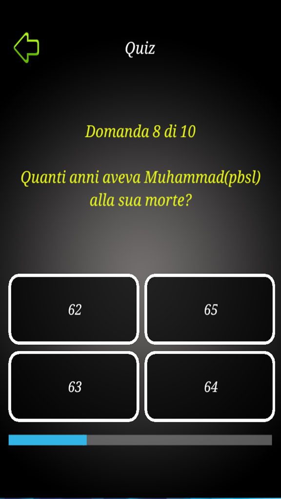 Oberfläche der Quiz Islam App, die eine Multiple-Choice-Frage zur islamischen Geschichte zeigt