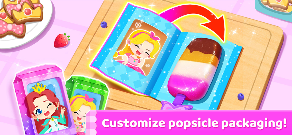 Customizing popsicle packaging with princess themes in the Little Panda ice cream game