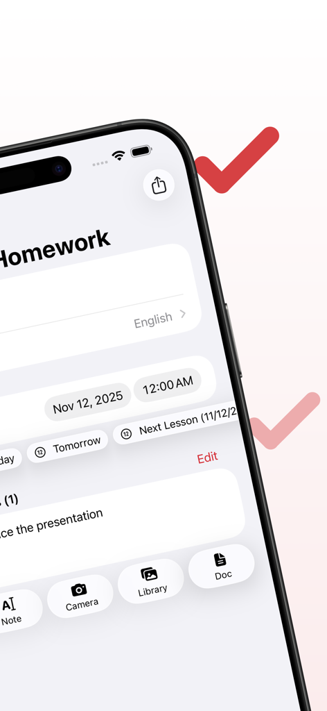 SchoolOrganizer - Homework management interface in the SchoolOrganizer app featuring task details and file attachment options