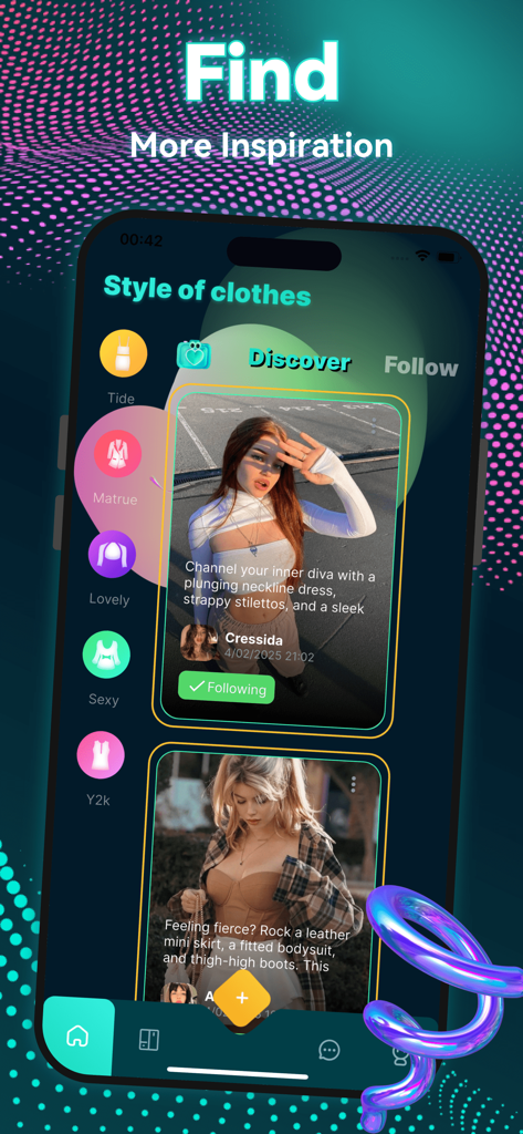 Outfy - Adult, Chat, Connect - ファッションプロファイルを備えたスタイル発見フィードを示すOutfyアプリインターフェイス。