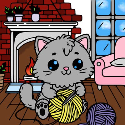 cute kitty playing with yarn in a house background with a fireplace