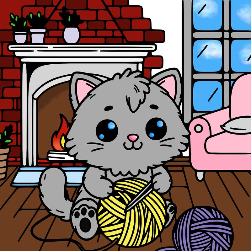 cute kitty playing with yarn in a house background with a fireplace