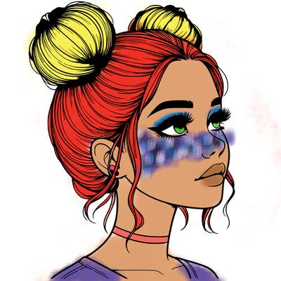 realistic girl with buns on the top of her head