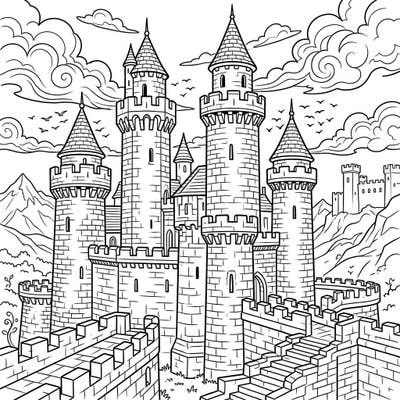 Immerse yourself in a world of fantasy with this intricate castle towers coloring page. Featuring towering structures and strong battlements, it's perfect for a relaxing and creative escape.