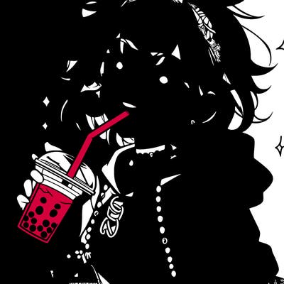 hot baddie anime girl drinking boba and biting the straw