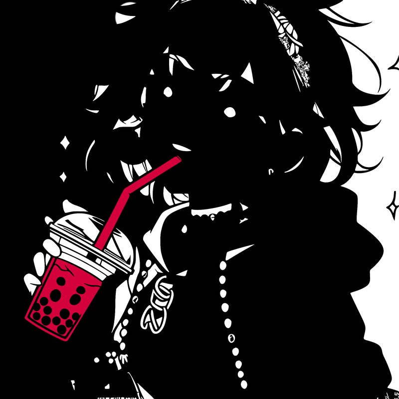 hot baddie anime girl drinking boba and biting the straw