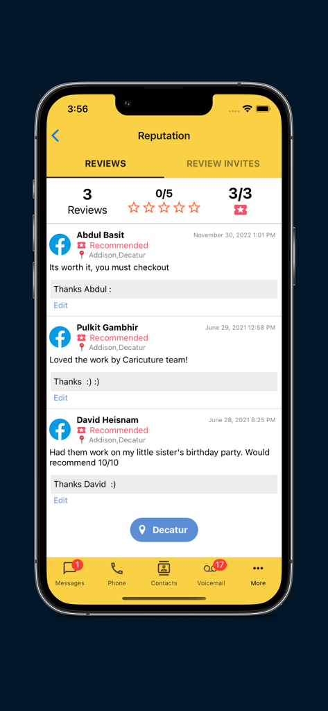 Emitrr - The Emitrr app Reputation screen showing customer reviews and ratings.