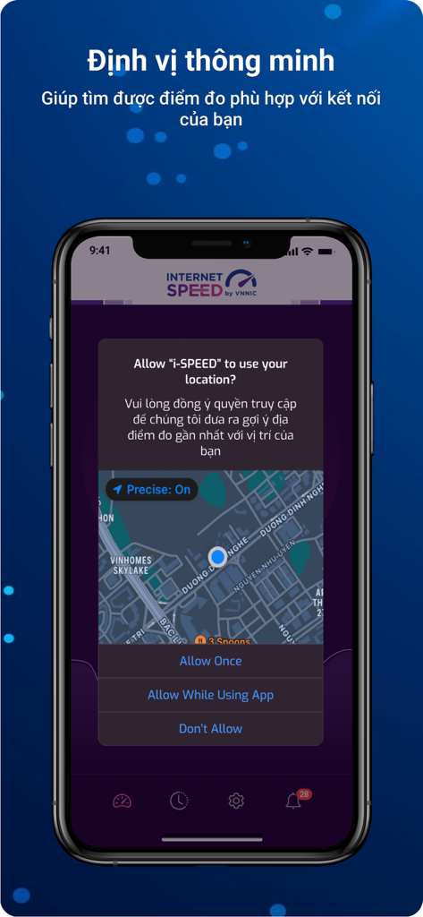 Smartphone screen showing i-SPEED app location permission dialog with a map background.
