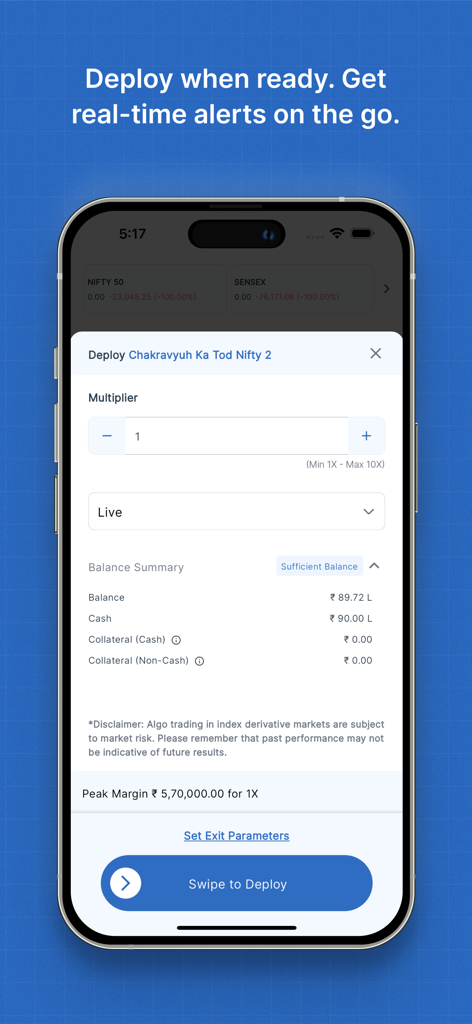 uTrade Algos - Interface do aplicativo móvel uTrade Algos para implantar uma estratégia de negociação algorítmica com um deslize para implantar botão