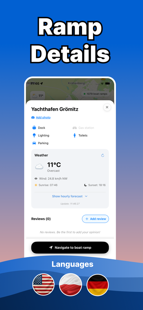 Captura de tela do aplicativo móvel mostrando instalações da rampa de lançamento de barcos, previsão do tempo e suporte a idiomas