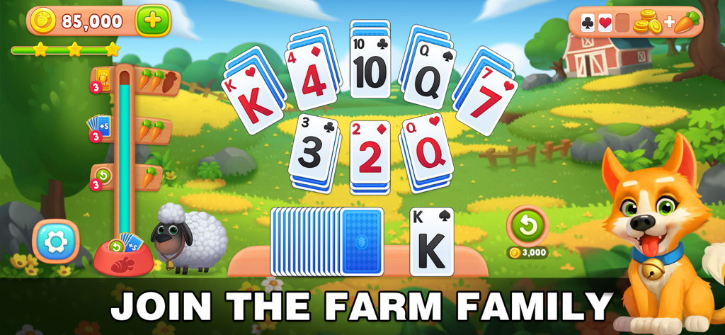Solitaire Farm Tripeaks World gameplay featuring cards on a farm background with a cute cartoon dog