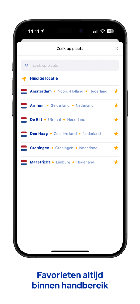 Pantalla que muestra las ciudades holandesas favoritas para el seguimiento meteorológico en la aplicación Weer.nl.