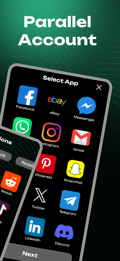 Dual Space - Parallel Space - Una schermata di un'app mobile che mostra una selezione di icone di social media e comunicazione per clonare e gestire più account