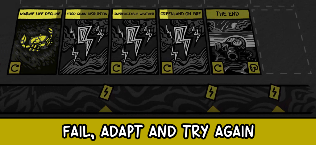 Beecarbonize - Beecarbonize game screen showing climate disaster cards and a message to fail adapt and try again
