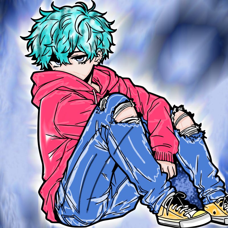 a male hoddie ripped jeans messy hair anime