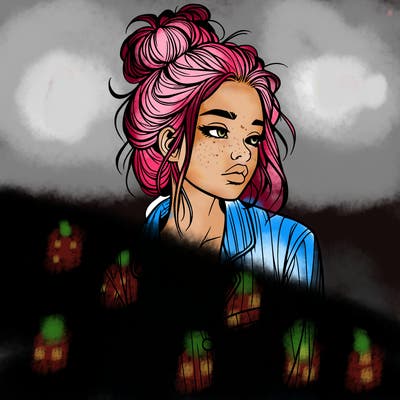 realistic woman with pajamas on and a messy bun