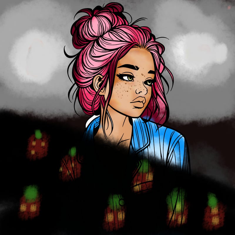 realistic woman with pajamas on and a messy bun