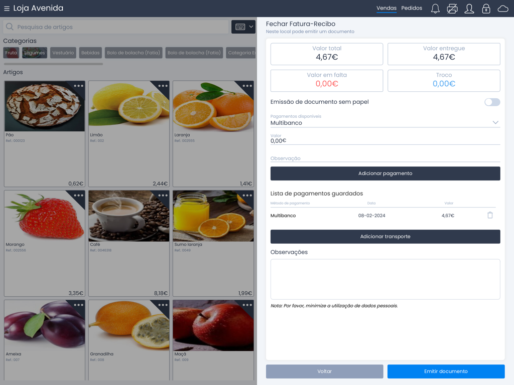 Moloni POS - Moloni POS mobile app interface on a tablet showing product selection and checkout process