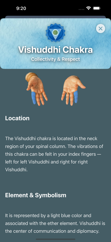 SahajaYoga-Meditation - Pantalla educativa sobre el chakra Vishuddhi en la aplicación de meditación Sahaja Yoga que muestra la ubicación y el simbolismo.