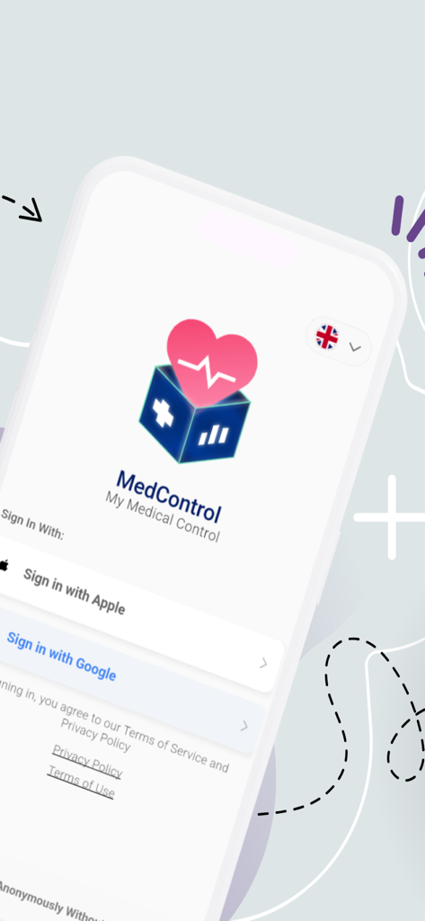 MedControl login screen with options to sign in with Apple and Google