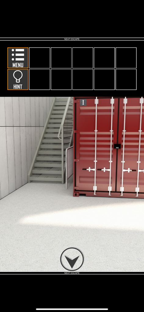 Escape Game:Warehouse - A red shipping container and metal stairs in an industrial warehouse escape game scene