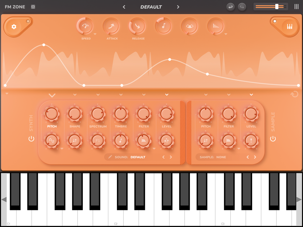 FM Zone iPad app interface showing a boutique FM synthesizer with orange controls and a piano keyboard