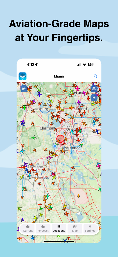 UAV Weather Forecast app showing an aviation-grade map with real-time aircraft tracking over Florida