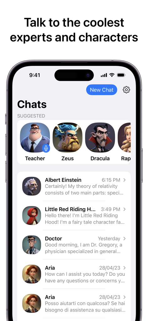 Interface de l'application Superchat affichant une liste de personnalités IA, y compris des figures historiques et des personnages de fiction pour discuter.
