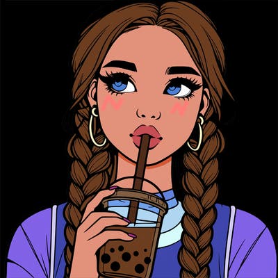 realistic girl with braided hair drinking boba
