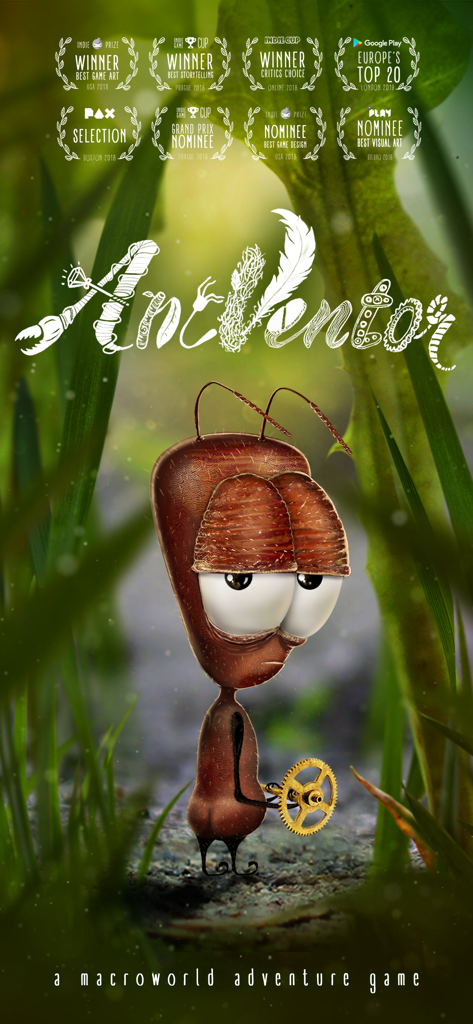 AntVentor game poster featuring an inventor ant in a photorealistic macro nature environment with award badges