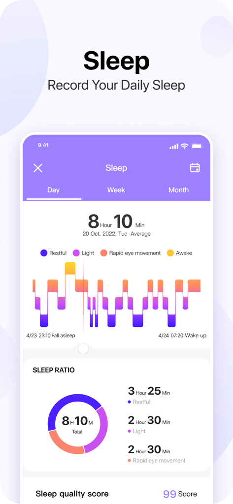 Da Fit app sleep tracker screen showing sleep stages and daily sleep quality score