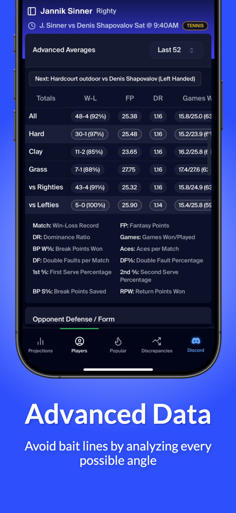 The PickFinder app displaying advanced player statistics and win-loss records for a tennis match.