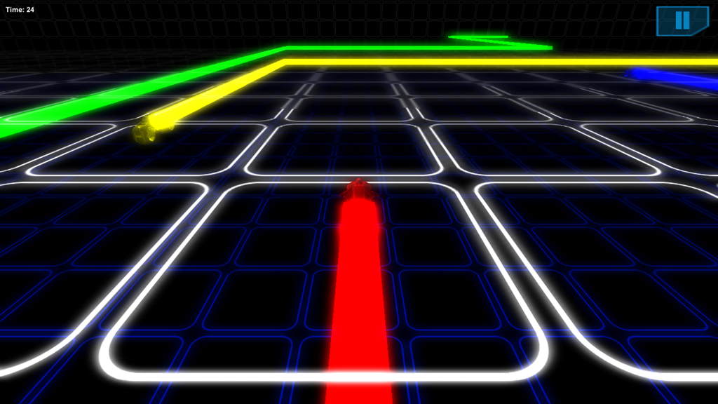 Carrera de lightcycle de neón 3D con rastros coloridos en una arena oscura de cuadrícula