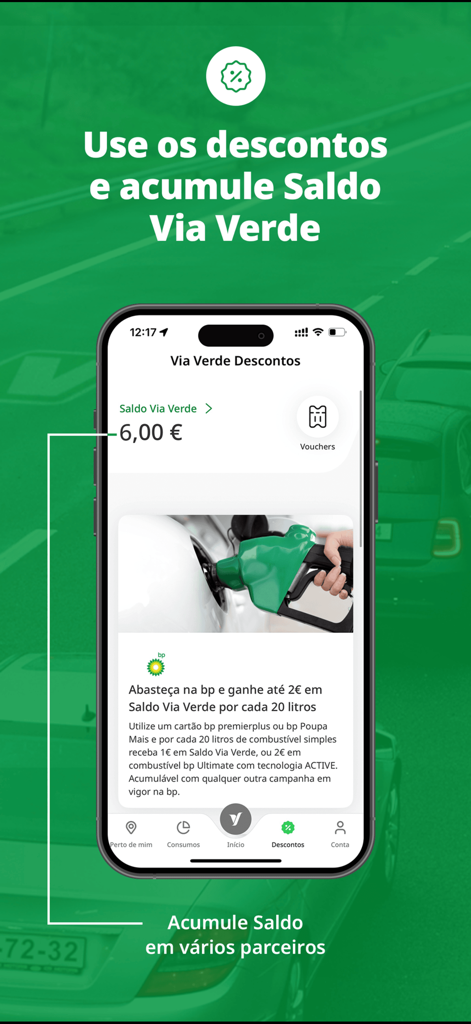 Pantalla de la app Via Verde mostrando el saldo y descuentos en gasolineras