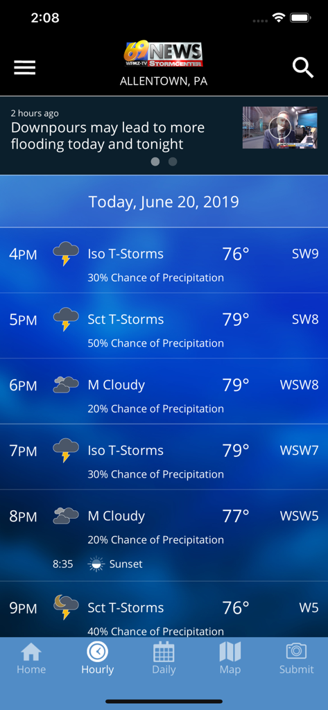 Tela de previsão do tempo por hora no aplicativo 69News WX para Allentown, Pensilvânia