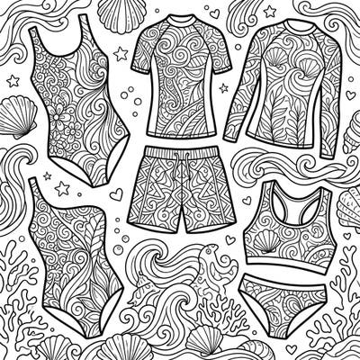 Explore a unique collection of Zentangle-patterned swim activewear, perfect for a relaxing and creative coloring experience. Each design features intricate details of swimsuits, rashguards, and shorts amidst aquatic elements, inviting you to unwind and personalize your beach-ready art.