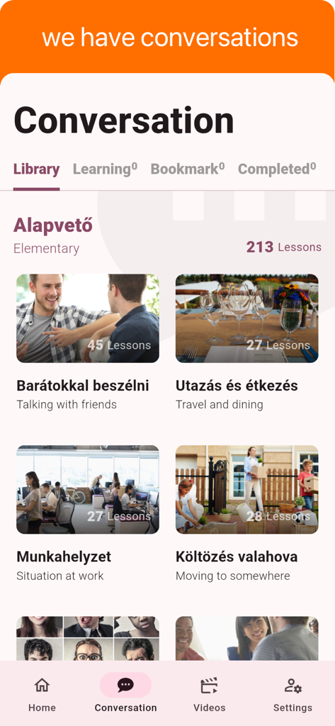 Interfaz de la aplicación de aprendizaje de idiomas húngaro que muestra la biblioteca de conversaciones con categorías de lecciones como viajes, gastronomía y trabajo.