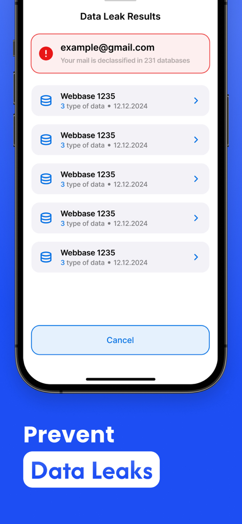 VPN NovaLink-App-Oberfläche, die die Ergebnisse von Datenlecks für eine E-Mail-Adresse anzeigt