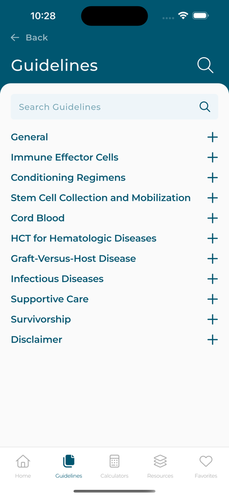 ASTCT Practice Guidelines - Screenshot of the ASTCT Practice Guidelines app menu listing clinical categories for blood and marrow transplantation.