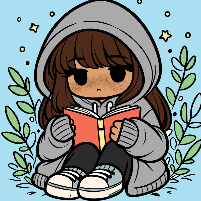 girl in oversized hoodie reading a book